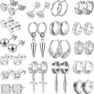 LASPERGEarrings for Men, 18 Pairs Mens Earrings Hoop Black Gold Silver Earrings for Men Stainless Steel Stud Cross Dangle Hoop Earrings Set Fashion Piercing Jewelry