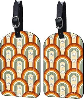 2 Pack Luggage Tags Mid Century Rainbow PU Leather Baggage Handbag Suitcase Tags with Secure Strap Privacy Cover ID Labels,Business Travel Baggage Tag Identifier