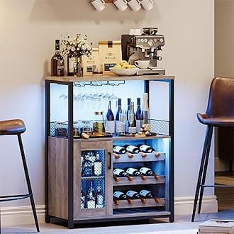 IDEALHOUSE Wine Bar Rack Cabinet with LED Light, Adjustable Shelves Coffee Bar Cabinet with Mesh Door and Baffle Design, 36 in Tall Small Liquor Bar Cabinet for Home, Kitchen, Dinning Room, Grey
