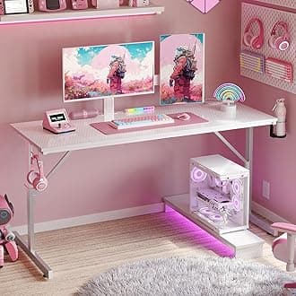 Bestier 52 inch Gaming Desk with Power Outlets and USB Charging Ports, Computer Desk with LED Lights and Monitor Stand, Gamer Desk for Home Office, Easy to Assemble, Carbon Fiber White