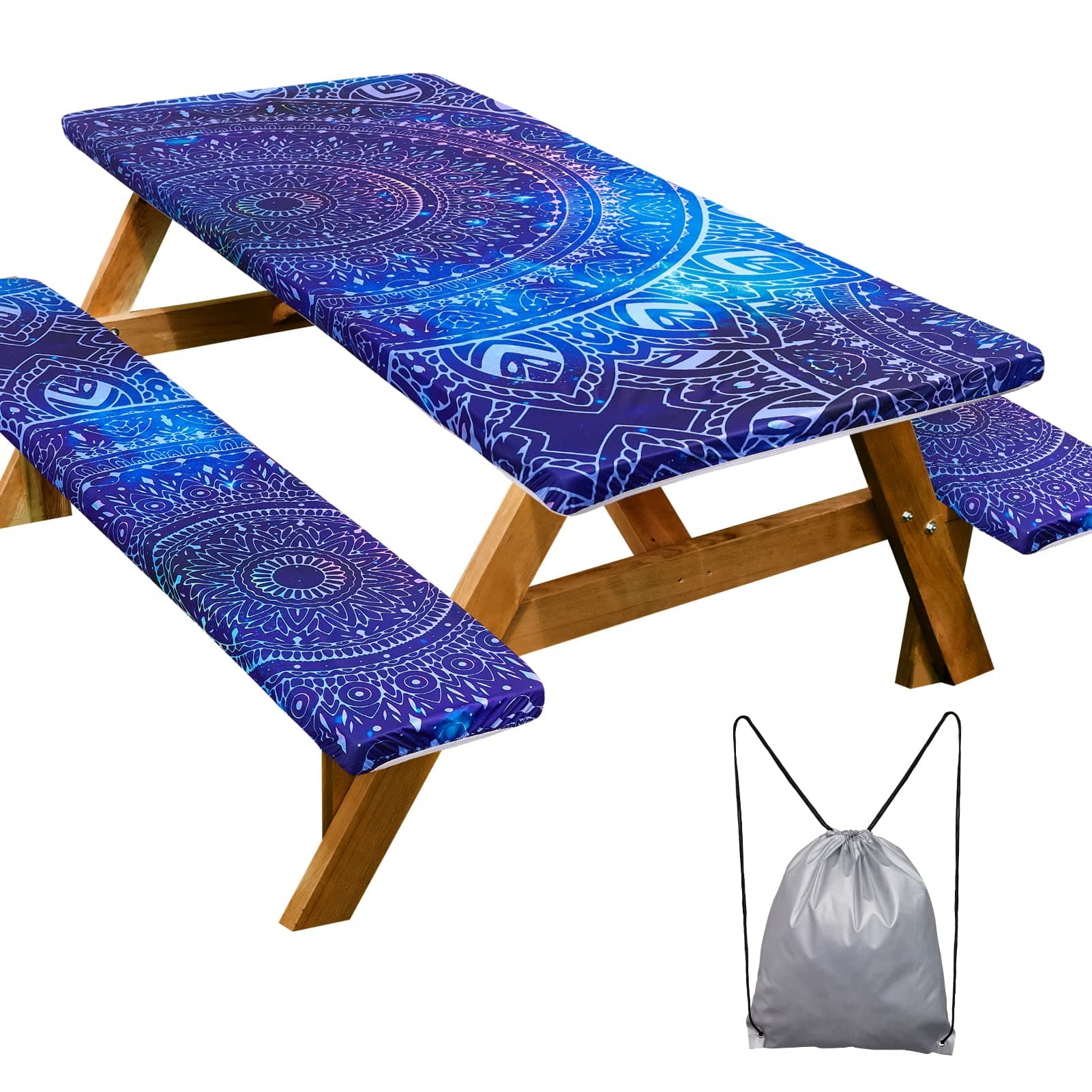 Picnic Table Cover with Bench Covers Camping Essentials Waterproof Windproof Camping Tablecloth with Drawstring Bag, Fitted Rectangle Tables and Seats, 72in, Blue Purple