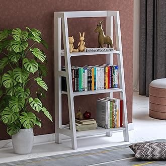 Sheesham Wood 3 Tier Foldable Bookshelf | Multipurpose Wooden Adjustable Display Unit Storage Organizer Stand Furniture for Living Room, Home, Hotel, Lobby and Office (White)