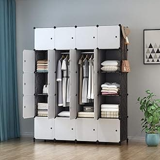 HOMIDEC Portable Wardrobe 20 Cube Closet with 3 Clothes Hanging Rails, 14"x18" Deeper Cube Combination Armoire Space Saving Modular Cabinet Storage Organizer for Bedroom Clothes Shoes