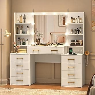55 in Glass Top Vanity Desk with Mirror and Lights, Large Vanity Makeup Mirror Desk with Charging Station Compartment Storage Drawers, Modern Makeup Vanity with 9 Drawers 6 Shelves, White