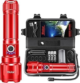 Blukar LED Torch Rechargeable, Ultra High Lumens Super Bright Torches - Adjustable Focus,5 Modes,5000 mAh Long Lasting,IP67 Waterproof,Powerful Handheld Flashlight for Camping,Hiking,Emergency -Red