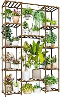 Bamworld 62.2'' Tall Plant Stand Indoor Large Plant Shelf for Multiple Plants Wood Flower Stand Outdoor Hanging Plant Rack for Living Room Garden Balcony Home Decor