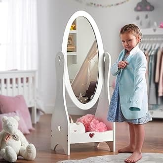 Haus Projekt Kids Mirror White (Age 3-13yrs), Princess Girls Full Length Mirrors, 105L x 41W Wooden Childs Dressing Mirror with Storage Shelf, Hand Made Kids Bedroom Furniture Gifts