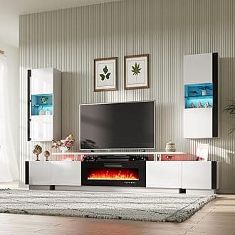 AMERLIFE Wall Unit Entertainment Center with Fireplace and Storage, Includes 80" 2-Tier Fireplace TV Stand, 2 x Wall Cabinets & 2 x End Tables, Modern LED Lights TV Console for Living Room, White