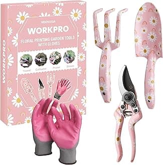 WORKPRO Aluminum Garden Tool Set, 4PCS Heavy Duty Gardening Tools with Box Include Trowel, Rake, Pruner, Gloves, Pink, Garden Gifts-Pink Ribbon