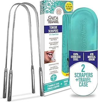 Tongue Scraper (Pack of 2), Stainless Steel Tongue Scraper for Oral Hygiene, Bad Breath Treatment, Medical Grade 100% Stainless Steel Tongue Cleaner with Travel Case for Adults & Kids