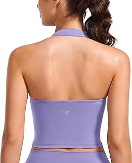 CRZ YOGA Butterluxe Women's Halter Neck Sports Bra Padded Longline Yoga Bras Workout Sport Crop Top with Built in Shelf Bra