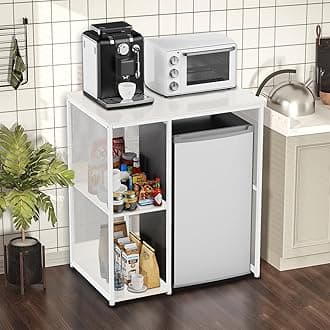 3-Tier Coffee Bar Cabinet with Mini Fridge Space, Simple Style Microwave Stand Bakers Rack, Utility Compact Refrigerator Storage Organizer for Home Kitchen Dorm, White