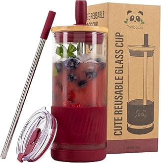 Glass Cups With Lids and Straws -20 Fl Oz- Perfect Size Iced Coffee Cup - Smoothie Cup With Bamboo Lid and On the go Lid - Glass Tumbler With Straw (1 Count (Pack of 1), Boysenberry)
