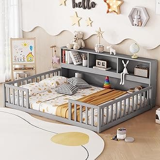 Bellemave Kids Montessori Floor Bed,Full Size Floor Bed with Bookcase and Shelves,Full Bed Frame with Guardrails for Kids,Girls,Boys,Full,Gray