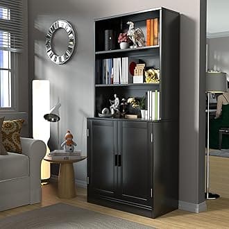 holzart 75" Tall Bookcase with Doors, 5 Tier Large Bookshelf with Cabinet, Standing Wood Display Book Shelf for Living Room, Office, Library with Doors, Black