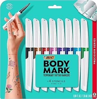 BodyMark Temporary Tattoo Marker with Fine Tip, Precision Series, Assorted Colors, Pack of 8 Markers + 3 Stencils MTBFP81-AST 6 UK
