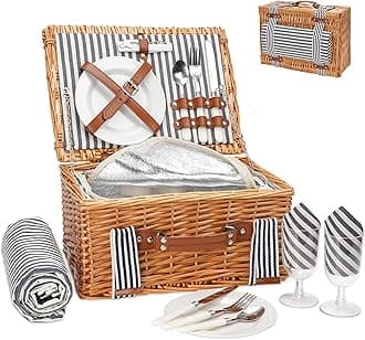 Wicker Picnic Basket for 2, Willow Hamper Basket with Large Insulated Cooler Compartment, Picnic Sets with Waterproof Picnic Blanket, Picnic Basket with 2 Person Kit for Camping, Hiking(Grey)