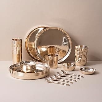 Veda Essentials. 36-Piece Kansa Dinner Set | Gloss Finish | 6 Plates (10.5 Thali, 12 Bowls, 6 Glasses, 6 Sweet Dish Plates, 6 Spoons | Authentic Indian Dining Collection | A Thoughtful Gift