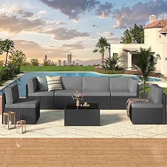 U-MAX 7 Piece Outdoor Patio Furniture Set, PE Rattan Outdoor Wicker Sectional Furniture Chair Set with Cushions and Tea Table, Black Rattan and Dark Grey Cushion