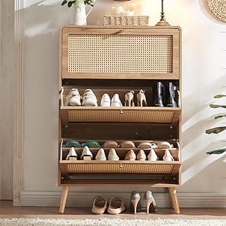 Rattan Shoe Cabinet, Slim Shoe Storage Cabinet for Entryway, 9.5" Narrow Flip Down Shoe Rack with 3 Drawers & Curved Corners, Freestanding Hidden Shoe Organizer, Natural Boho Style