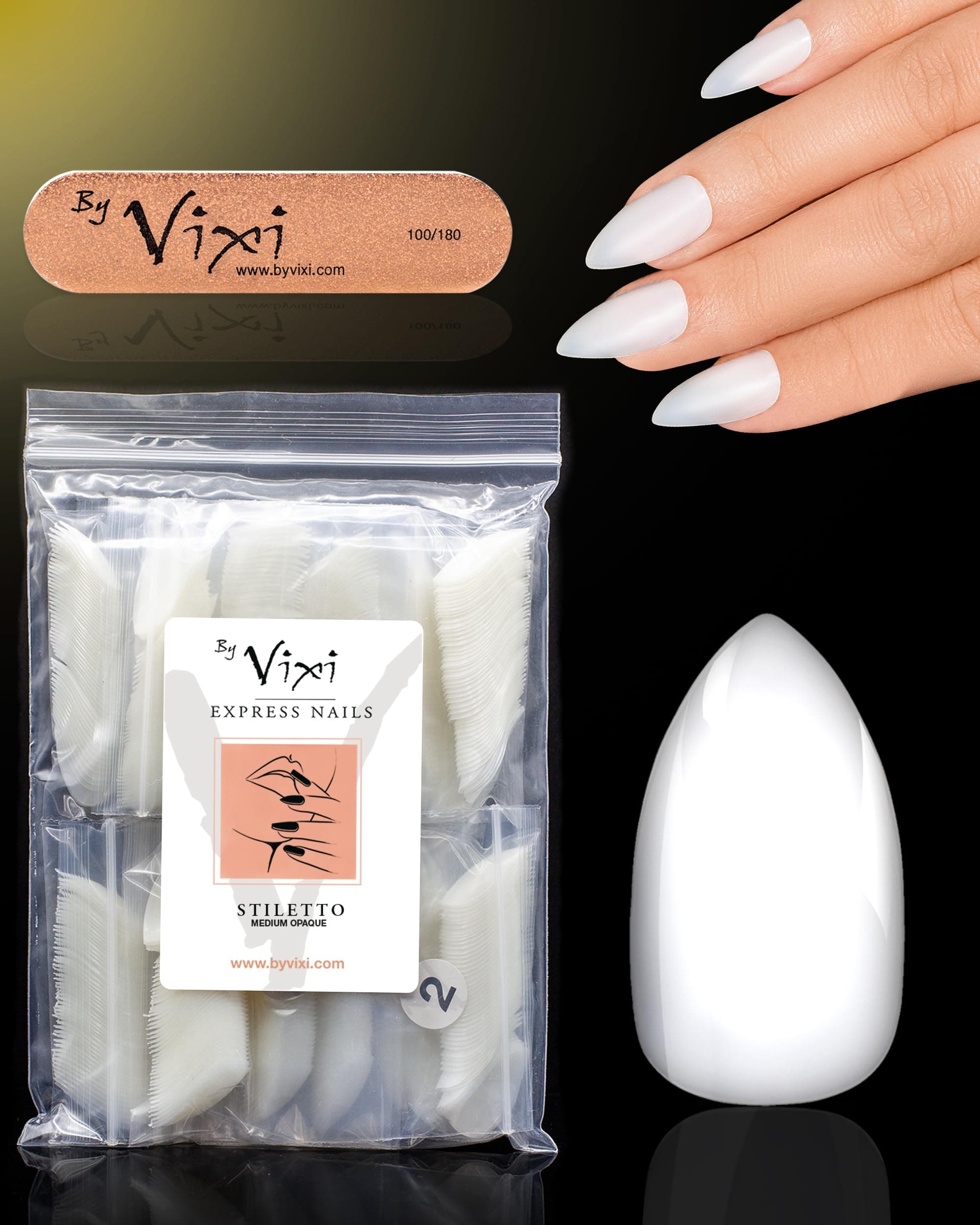 600 Medium Stiletto Press On Nails Set with By Vixi Prep File – Natural Full Cover False Nails, Stick On Fake Nail Tips, 10 Sizes, Acrylic Nail Extensions for Gel Polish & Art