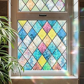 Window Privacy Film, Stained Glass Window Film, Removable Static Cling, Decorative Laser Sun Blocking Vinyl Covering for Home Kitchen Living Room, Colorful Diamond Grid, 17.3" x 78.7"