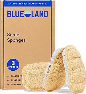 BLUELAND Scrub Sponge, 3-Pack, Dual-Sided Dish Loofah, Plastic-Free, Plant-Based Kitchen Scrubbing Non-Scratch