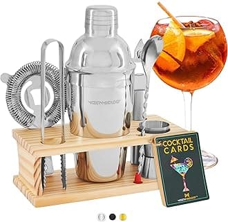 Modern Mixology Cocktail Shaker Set - Bartender Kit with Pine Stand | Leak-Proof Design | Includes Martini Shaker, Jigger, Strainer, Spoon, Tongs | Perfect Bar Tools Gift for Home Mixology (Silver)