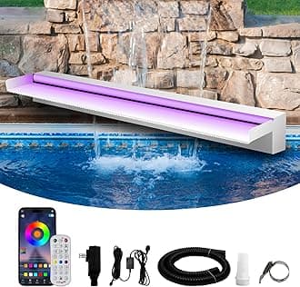 Waterfall Spillway Stainless Steel Pond Waterfalls with Color Changing LED Light, Outdoor Pool Fountain Water Feature Kit for Garden Patio Swimming Pool Koi Ponds Decor-36"x8"x4"