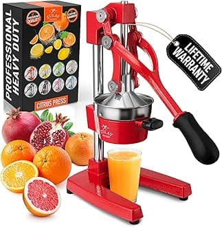 Professional Citrus Juicer - Manual Citrus Press and Orange Squeezer - Metal Lemon Squeezer - Premium Quality Heavy Duty Manual Orange Juicer and Lime Squeezer Press Stand, Red