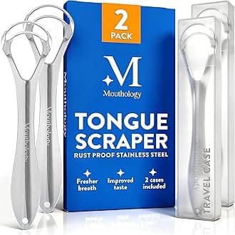 BASIC CONCEPTS Tongue Scraper for Adults (2 Pack), Reduce Bad Breath (Travel Cases Included), Stainless Steel Tongue Cleaners, 100% Metal Tongue Scraper with Case Fresh Breath Tongue Cleaner Oral
