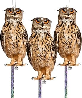 Owl to Keep Birds Away, 3 Pack Bird Scare Owl Fake Owl, Reflective Hanging Bird Decoration, Dual-Side Printed Owl to Keep Birds Pigeon Away from Patio Garden