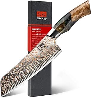 SHAN ZU Damascus Santoku Knife 7 inch, Japanese Kitchen Knives Copper & Damascus Steel High Carbon 33 Layer Hand Forged Ultra Sharp Utility Chef Knife Professional Carving Knife with Maple Wood Handle