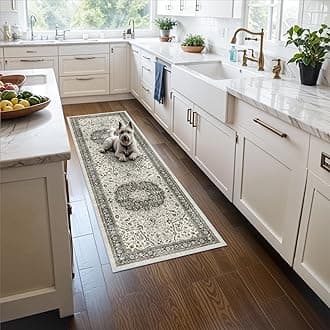 Hallway 2x5 Washable Runner Rug: Oriental Stain Resistant Kitchen Entryway Rugs Farmhouse Ultra Soft Bathroom Bedroom Print Floor Mat Thin Non Slip Indoor Carpet for Living Room Laudry(2X5, Grey)