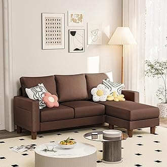 JUMMICO Couch for Small Living Room, 72" Small Sofa with Reversible Ottoman, 3 Seat L-Shaped Sofas, Comfy Couches for Apartment (Linen Fabric, Classic Brown)