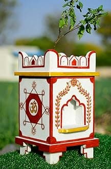 Marble Tulsi Pot | Tulsi Planter | White Marble | Handpainted - 9 x 9 x 15 Inch, Approx. [LxWxH]