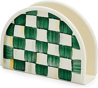 Enamel Napkin Holder, Kitchen Napkin Holder for Table and Countertop, Green-and-White Emerald Check