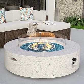 COSIEST Outdoor Propane Fire Pit Coffee Table w Terrazzo White 40.5-inch Round Base Patio Heater, Certified, 50,000 BTU Stainless Steel Burner, Wind Guard, Aqua Blue Fire Glass, Rain Cover