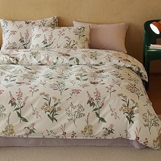 Floral Duvet Cover Set Twin 100% Cotton Bedding for Kids Boys Girls Teens Red Pink Yellow Flower Green Leaf on White 1 Botanical Garden Comforter Cover 2 Pillowcases, Twin