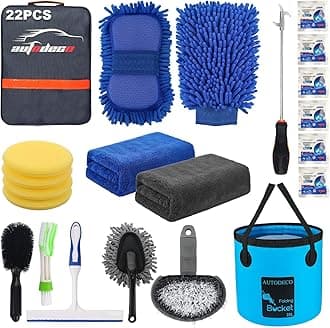 AUTODECO 22Pcs Car Wash Cleaning Tools Kit Set Chenille Microfiber Wash Mitt Sponge Towels Applicator Pads Wheel Brush Window Scraper Duster Tire Clearing Stone Hook Car Care Kit with Folding Bucket