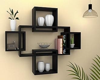 vudy Exclusively Designed Wall Shelf with 5 Intersecting Decorative Living Room Shelves (Black, Glossy,Engineered Wood)