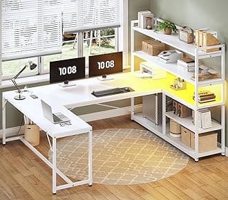 SEDETA L Shaped Computer Desk, 63” Reversible Office Desk or Corner Desk with Storage Shelves, White Gaming Desk with LED Lights, Power Outlet