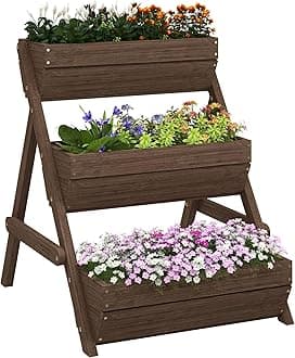 Outsunny 3 Tier 66L Raised Garden Bed Wooden Elevated Planter Box Kit for Flower, Vegetable, Herb, 65 x 75 x 76cm, Tan