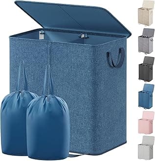 Lifewit Laundry Hamper with Lid and Removable Laundry Bags, Large Collapsible Basket for Dirty Clothes 2 Sections with Handles (Blue)