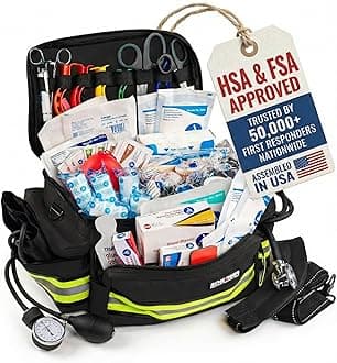 Scherber First Responder Fully-Stocked Professional Essentials EMT/EMS Trauma Kit | HSA/FSA Approved | Reflective Bag w/8 Zippered Pockets & Compartments & 200+ First Aid Supplies - Black