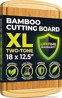 Luxury Bamboo Cutting Board (Extra Large) with Vertical Grain Strength Technology - Non Toxic, Spacious and Lightweight 18" XL Chopping Board Gift - Replacements for Life