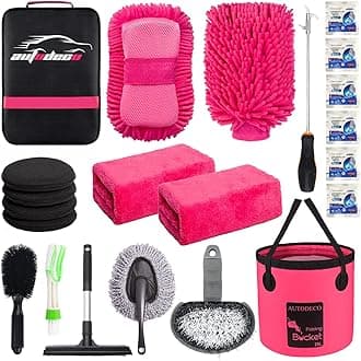 AUTODECO 22Pcs Car Wash Cleaning Tools Kit Car Detailing Set with Black Canvas Bag Pink Collapsible Bucket Wash Mitt Sponge Towels Tire Brush Window Scraper Duster Complete Interior Car Care Kit