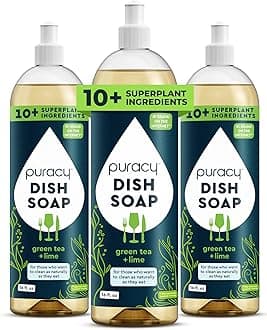 Natural Dish Soap Packs- Skin-Softening Plant-Based Dishwashing Soap, Non-Toxic Dish Soap, Organic Liquid Dishwashing Detergent Soap (Green Tea & Lime, 16 fl oz, 3 Pack)