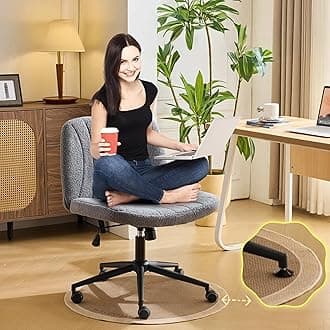 VINGLI Criss Cross Legged Chair,Wide Comfy Office Desk Chair,Dual-Use with/no Wheels Computer Task Chair,Swivel Armless Vanity Boucle Chair for Study,Make Up,Home Office,Teddy Fleece,Dark Grey