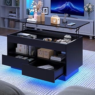 HOMMPA LED Coffee Table with Lift Top Morden Coffee Table with Storage High Gloss Black Sofa Table for Living Room Center Tables Hidden Compartment & 2 Drawers & 2 Open Shelve